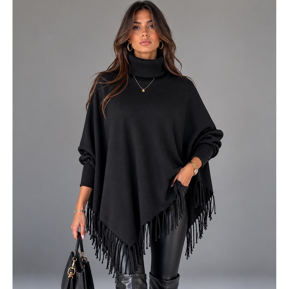 Magaschoni Black Turtleneck Fringe Poncho Sweater Knit Wrap XL